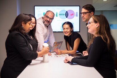 Sex Colgate-Palmolive-anställda i ett mötesrum diskuterar ett produktkoncept, med en presentationsbild på en skärm bakom dem.